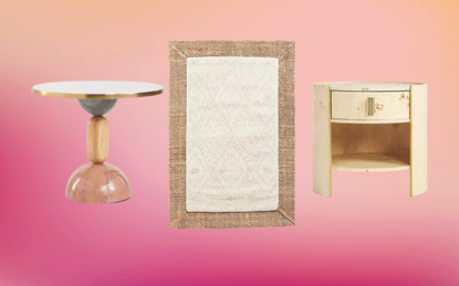 A pink gradient background with images of a rug, side table, and nightstand