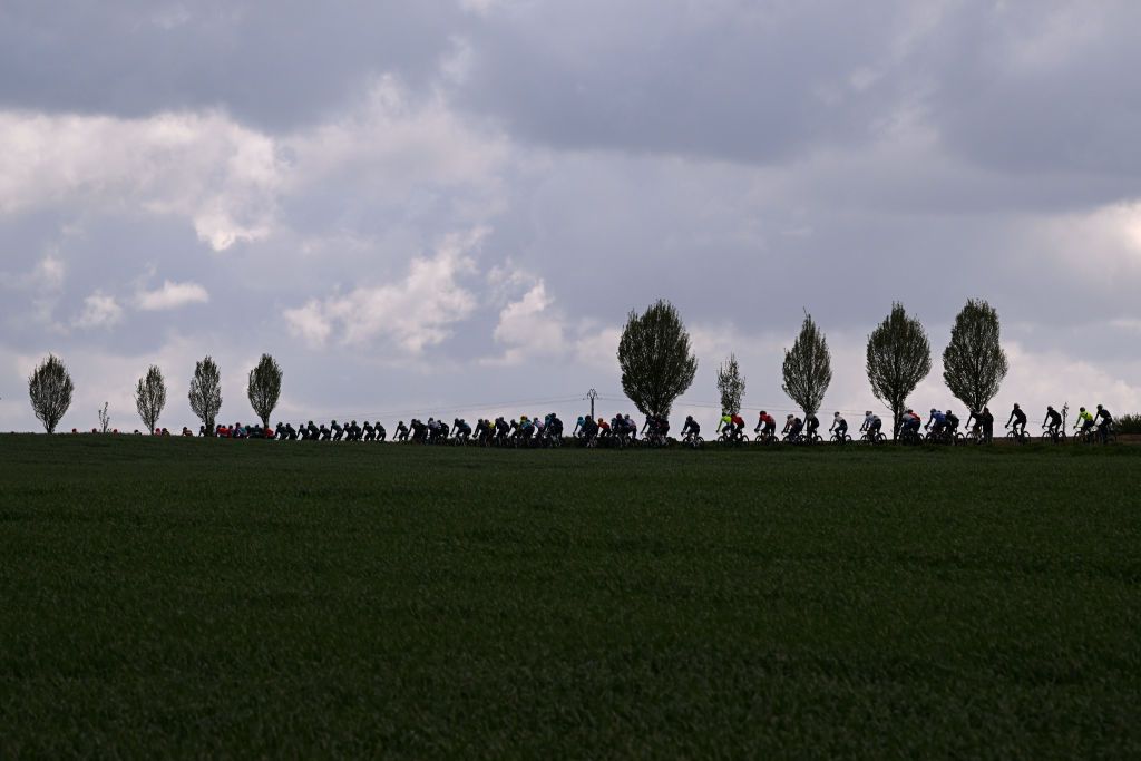 HUY BELGIUM APRIL 17 A general view of the peloton passing through a landscape during the 88th La Fleche Wallonne 2024 Mens Elite a 1986km one day race from Charleroi to Huy UCIWT on April 17 2024 in Huy Belgium Photo by Dario BelingheriGetty Images