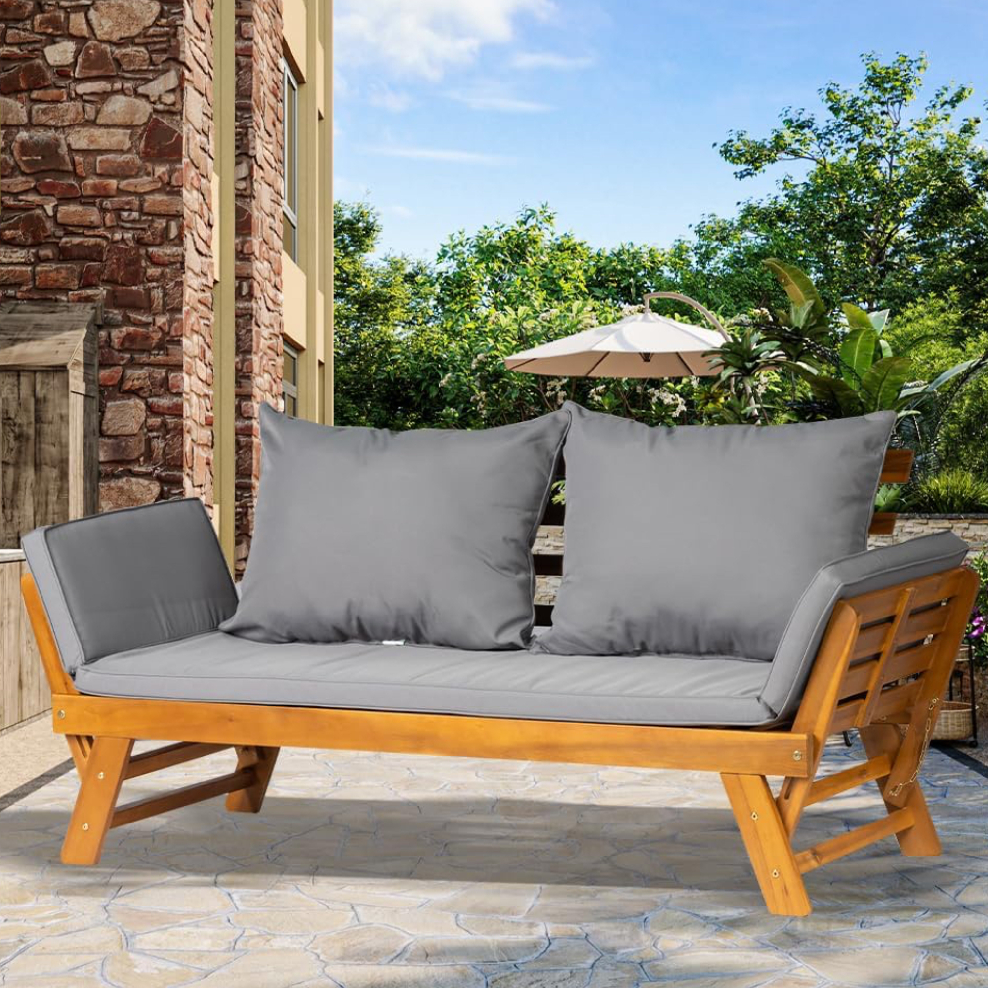 garden sofa with grey cushions