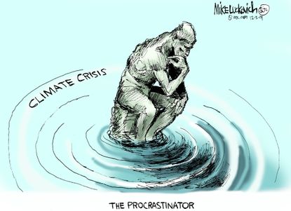 Editorial Cartoon U.S. The Thinker Statue Climate Crisis The Procrastinator