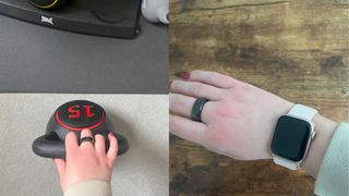 The Oura Ring as worn by writer Ciara McGinley holding a kettlebell at the gym and standing with arm raised towards camera