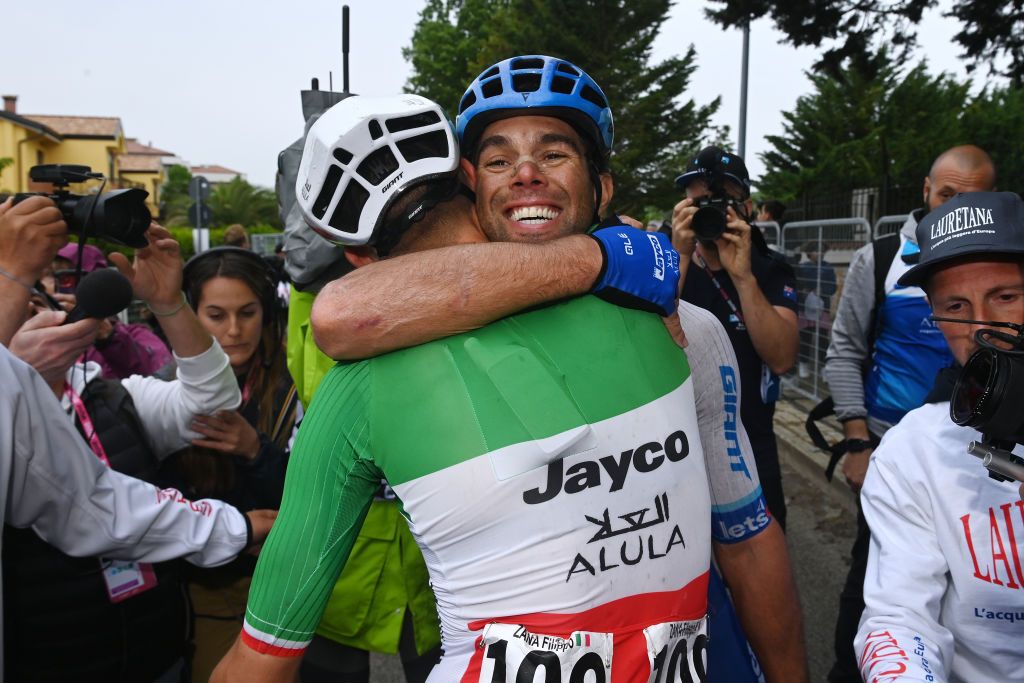 MELFI ITALY MAY 08 Stage winner Michael Matthews of Australia and Team Jayco AlUla reacts with his teammate Filippo Zana of Italy after the 106th Giro dItalia 2023 Stage 3 a 213km stage from Vasto to Melfi 532m UCIWT on May 08 2023 in Melfi Italy Photo by Tim de WaeleGetty Images