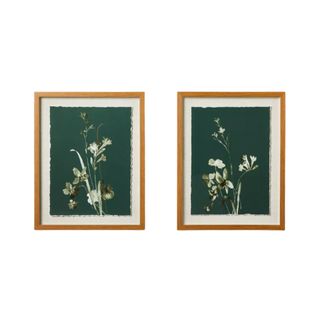 Two jewel-toned green wall art pictures of orchids