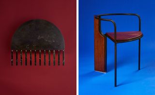 Left: 'Dark Moon’ wall light / right: brown ’Fin’ chair with black metal frame