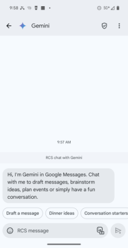 Screenshots showing Google Gemini support in the Google Messages beta.