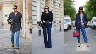 a composite of street style influencers wearing jeans and a blazer for the office