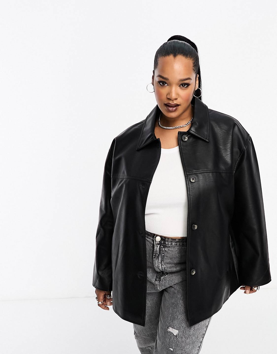 Asos Design Curve Faux Leather Clean Top Collar Jacket in Black