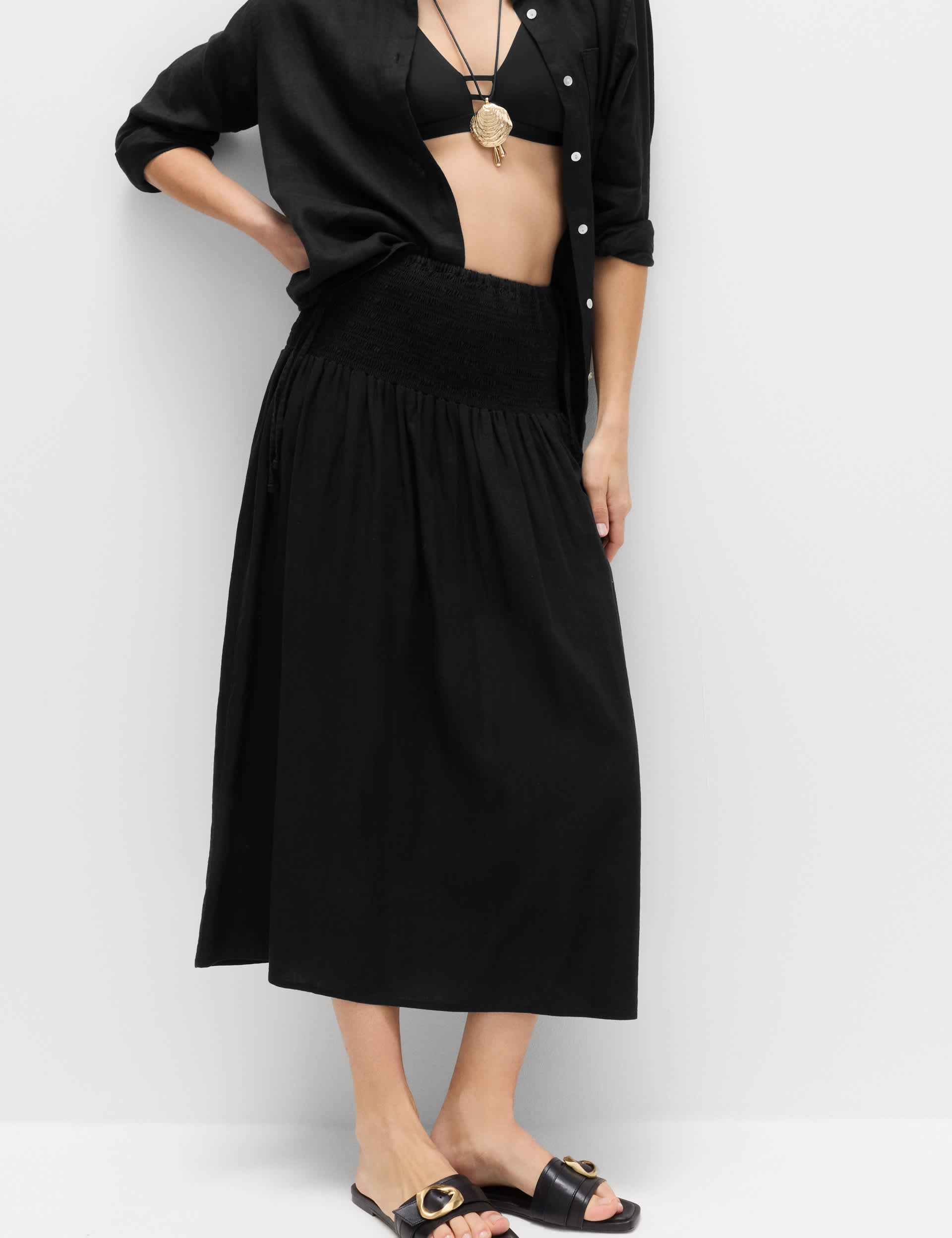 Linen Rich Shirred Tie Detail Maxi Skirt