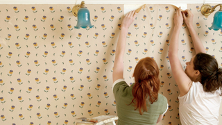 Back of women pulling down patterned wallpaper together