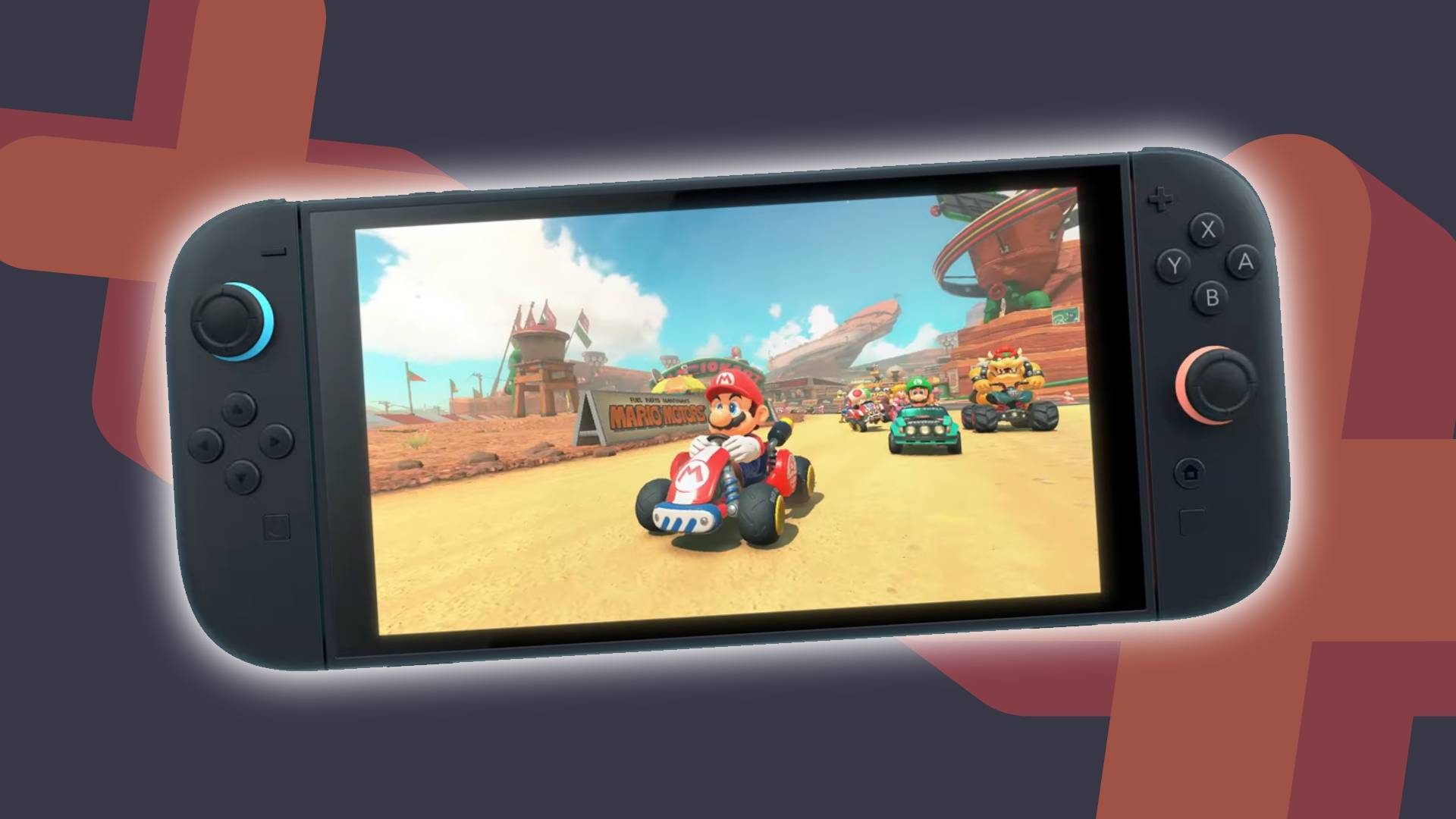 Nintendo Switch 2 with Mario Kart World on screen with glowing edges and navy backdrop with orange plus symbols.