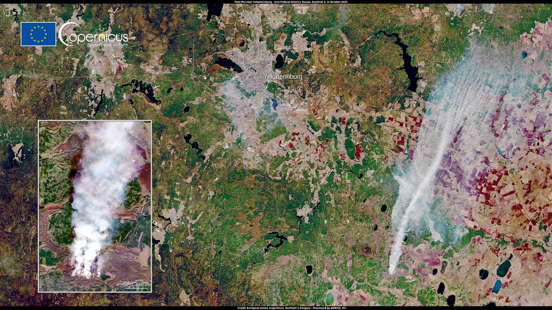 A unusual early winter wildfire devouring peat deposits near the city of Yekaterinburg in central Russia.