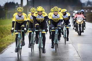 The LottoNL-Jumbo team pre-rides the Omloop Het Nieuwsblad course