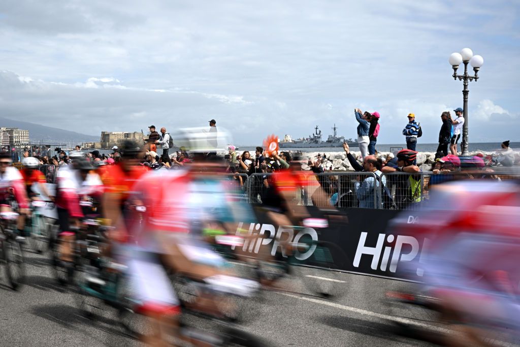 NAPLES ITALY MAY 11 Detail view of a fans race at finish line during the 106th Giro dItalia 2023 Stage 6 a 162km stage from Naples to Naples UCIWT on May 11 2023 in Naples Italy Photo by Stuart FranklinGetty Images