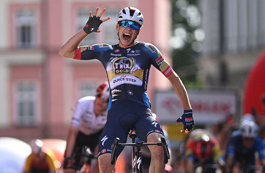 CIESZYN, POLAND - AUGUST 07: Paul Magnier of France and Team Soudal Quick-Step celebrates at finish line as stage winner during the 82nd Tour de Pologne 2025, Stage 4 a 198.8km stage from Rybnik to Cieszyn / #UCIWT / on August 07, 2025 in Cieszyn, Poland. (Photo by Luc Claessen/Getty Images)