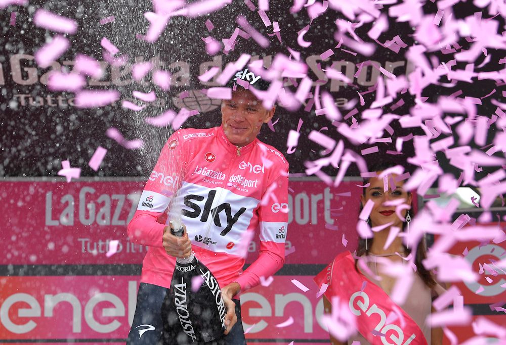 Chris Froome (Team Sky) celebrates his first Giro d'Italia victory