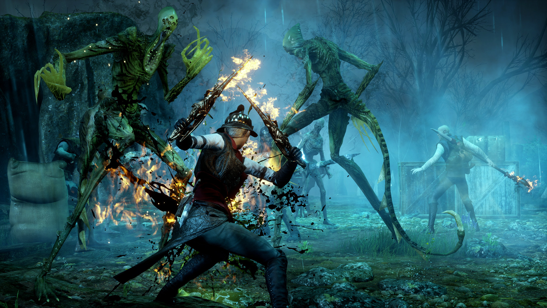 The main hero dualweilding two flaming sowrds against a group of monsters during the RPG Dragon Age: Inquisition