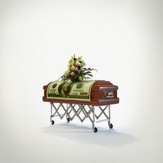 Hundred dollar bill on coffin 