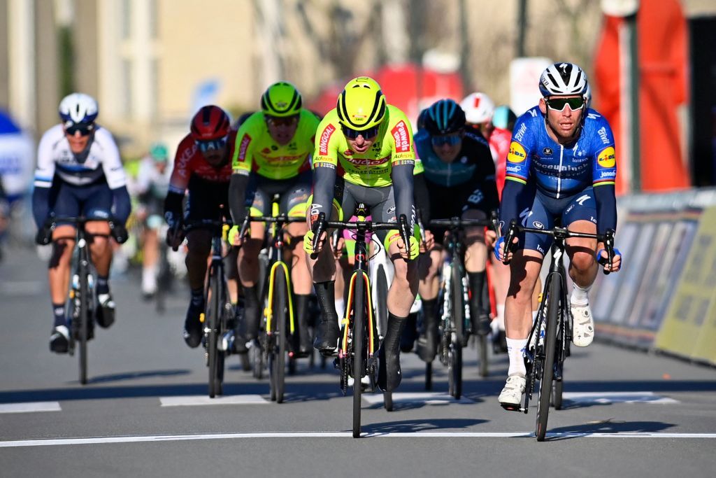 British Mark Cavendish R of Deceuninck QuickStep reacts as he crosses the finish line of the Bredene Koksijde Classic one day cycling race of 199 km on March 19 2021 Belgium OUT Photo by ERIC LALMAND BELGA AFP Belgium OUT Photo by ERIC LALMANDBELGAAFP via Getty Images