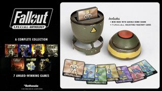 Fallout SPECIAL Anthology promo image - Fat-Man mini-nuke and seven Fallout 76-style cards with game keys