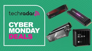 A selection of popular SSDs on a green background with concentric circles and a badge on the left containing techradar logo and text reading "CYBER MONDAY DEALS"