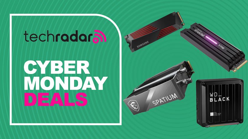 A selection of popular SSDs on a green background with concentric circles and a badge on the left containing techradar logo and text reading &quot;CYBER MONDAY DEALS&quot;