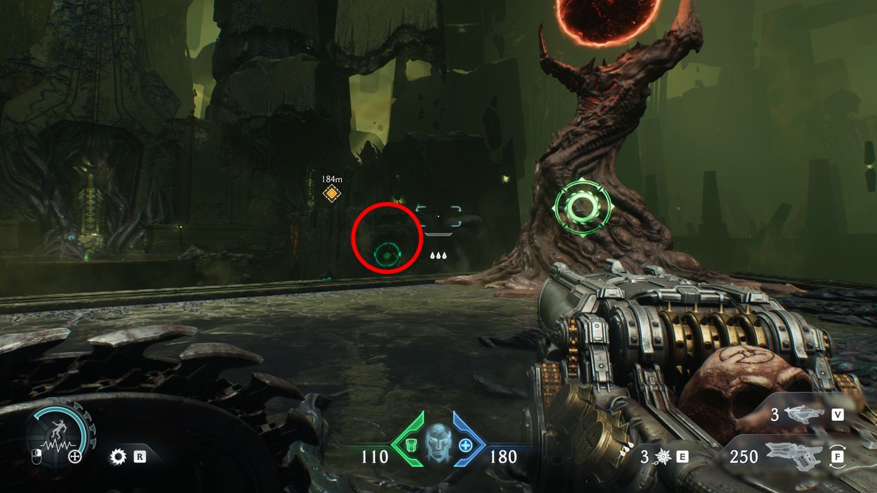 Doom: The Dark Ages Chapter 15 secrets collectibles City of Ry'uul - The gore nest in the foreground with the launch ring required to reach it in the background, in the wall of the building.
