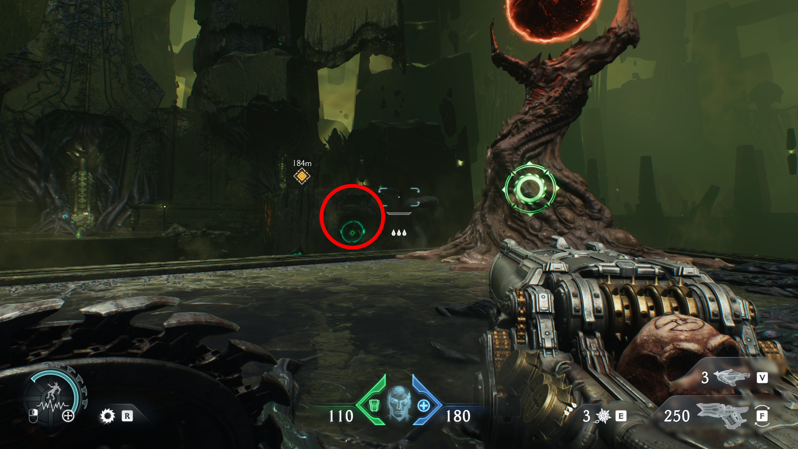 Doom: The Dark Ages Chapter 15 secrets collectibles City of Ry'uul - The gore nest in the foreground with the launch ring required to reach it in the background, in the wall of the building.