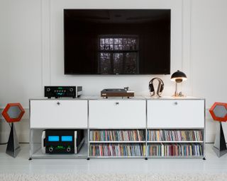 Retro media unit with space for records, cds and a record player