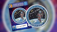 embroidered circular patches, one mounted to a backing card, displaying the same design of an astronaut in a multicolor spacesuit floating above Earth.