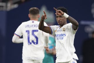 Vinicius Junior celebrates his winning goal for Real Madrid against Liverpool in the 2022 Champions League final in Paris in May 2022.