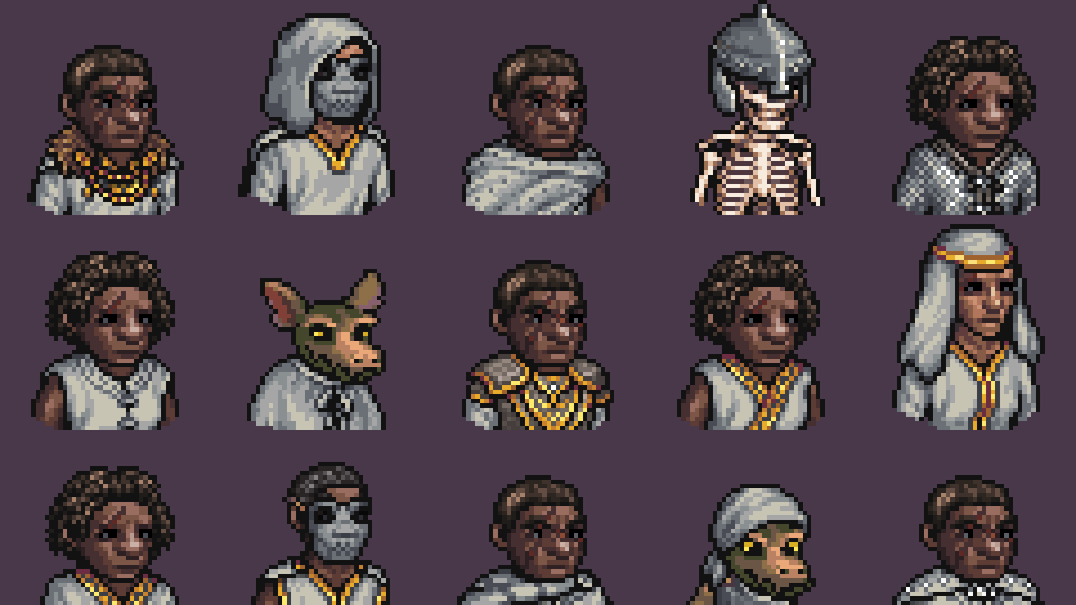 A lineup of different sprites created for Dwarf Fortress&#039; Adventure Mode.