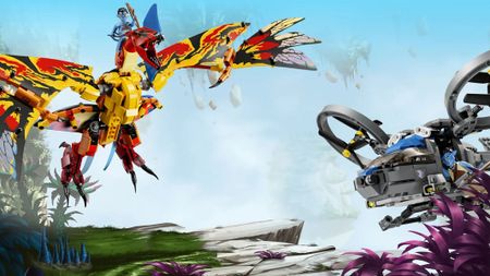 A brick-built dragon is ridden by a blue minifigure while a grey helicopter is nearby, all on a blue background and a cliff-edge in the foreground.