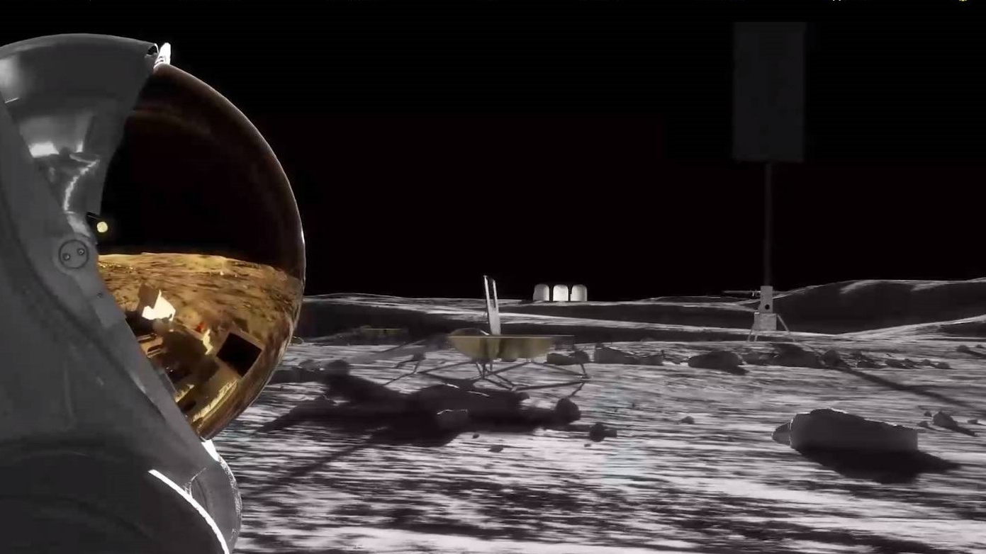 illustration of a rover, lander and habitat on the moon, with an astronaut in the foreground