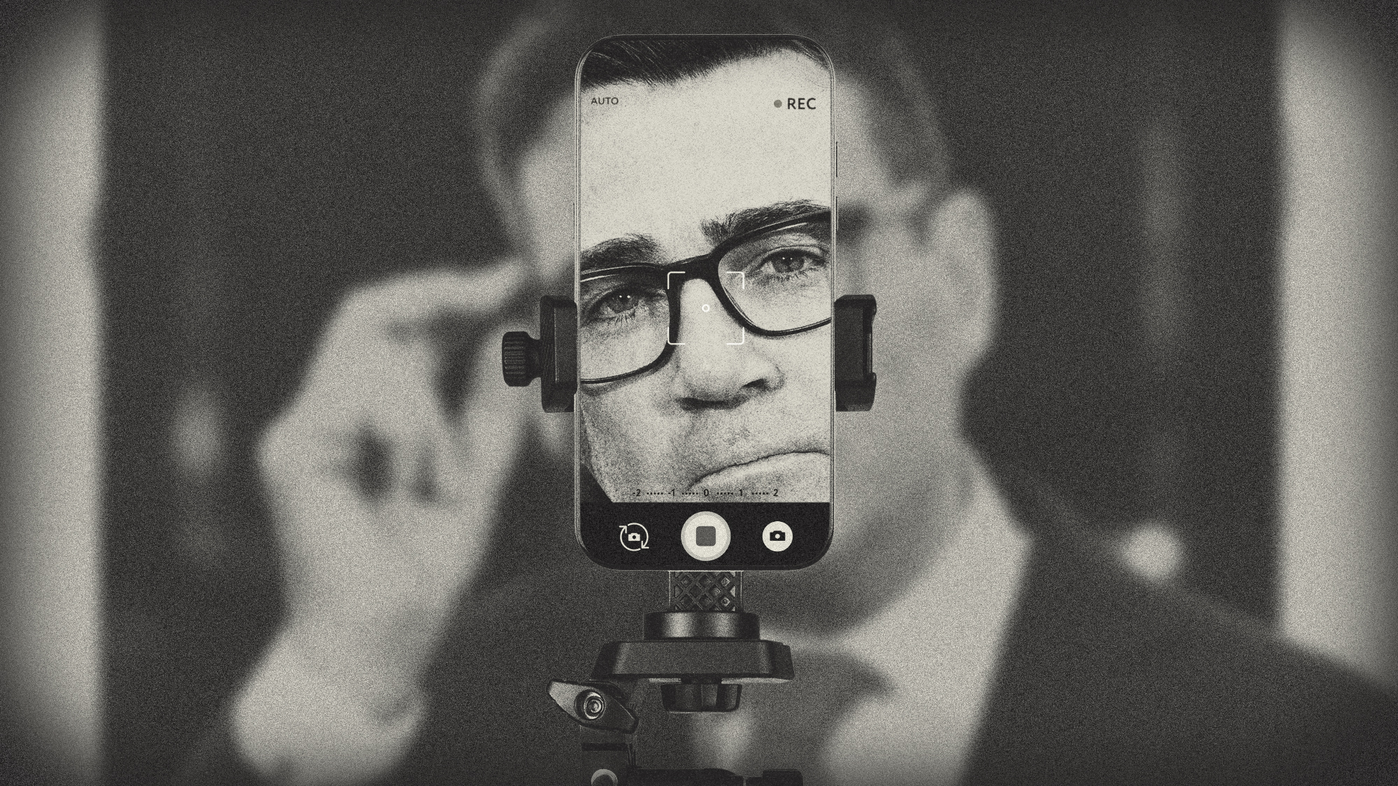 Illustration of Andy Burnham posing in front of a tripod-mounted smartphone