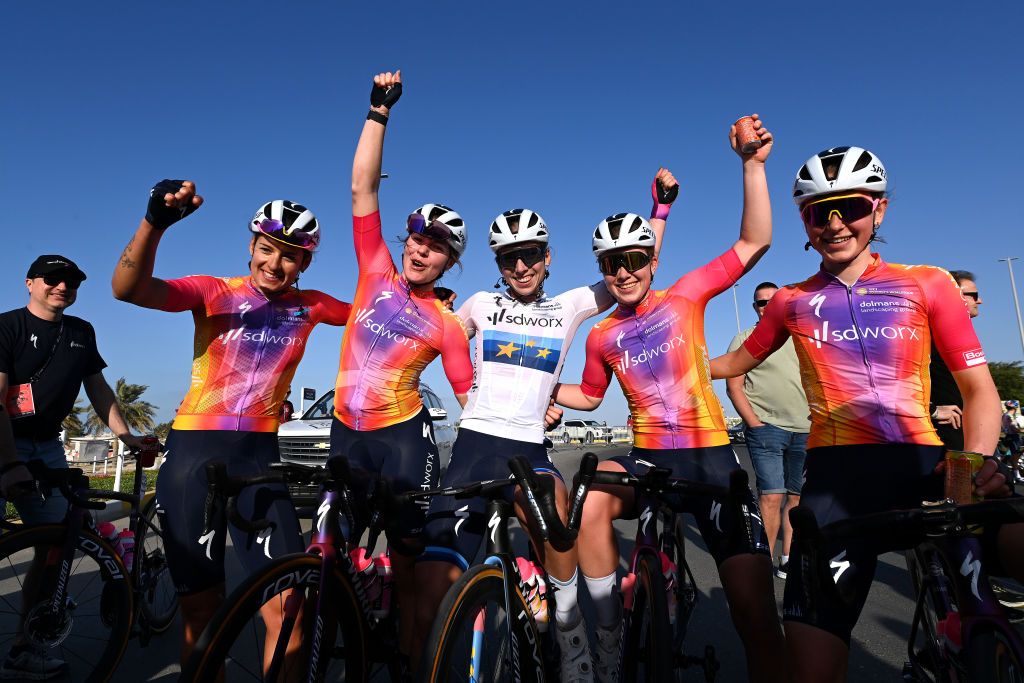 AL MIRFAUNITED ARAB EMIRATES FEBRUARY 10 Stage winner Lorena Wiebes of The Netherlands and Team SD Worx C celebrates at finish line with her teammates Barbara Guarischi of Italy Femke Markus of The Netherlands Anna Shackley of United Kingdom Lonneke Uneken of The Netherlands and Team SD Worx during the 1st UAE Tour Women 2023 Stage 2 a 133km stage from Al Dhafra Castle to Al Mirfa UAETourWomen on February 10 2023 in Al Mirfa United Arab Emirates Photo by Tim de WaeleGetty Images