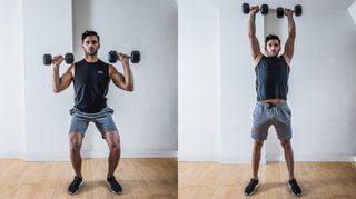 Push press shoulder exercise performed in a home