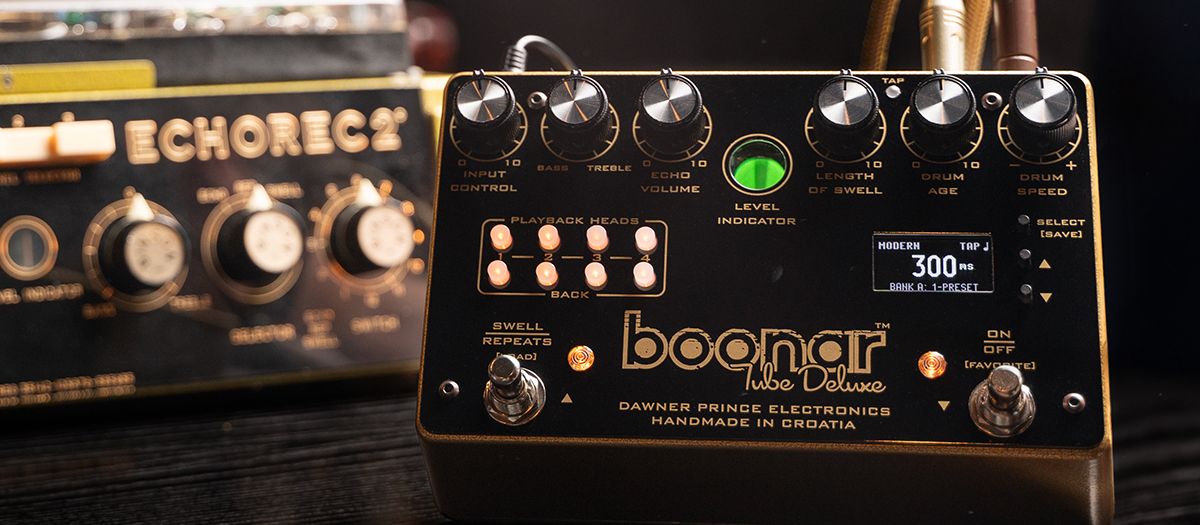 An image showing the Dawner Prince Boonar Tube Deluxe pedal and the vintage Binson Echorec 2 T7E delay unit on which it&#039;s based.