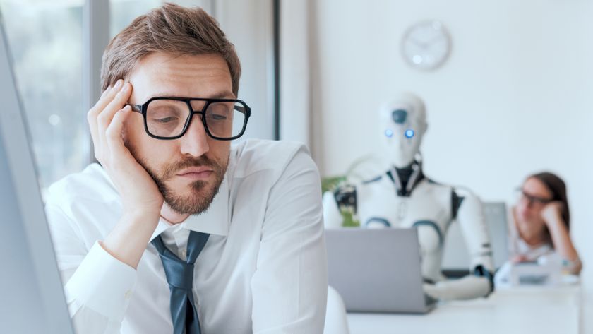 Bored frustrated business people working in the office with an efficient robot.