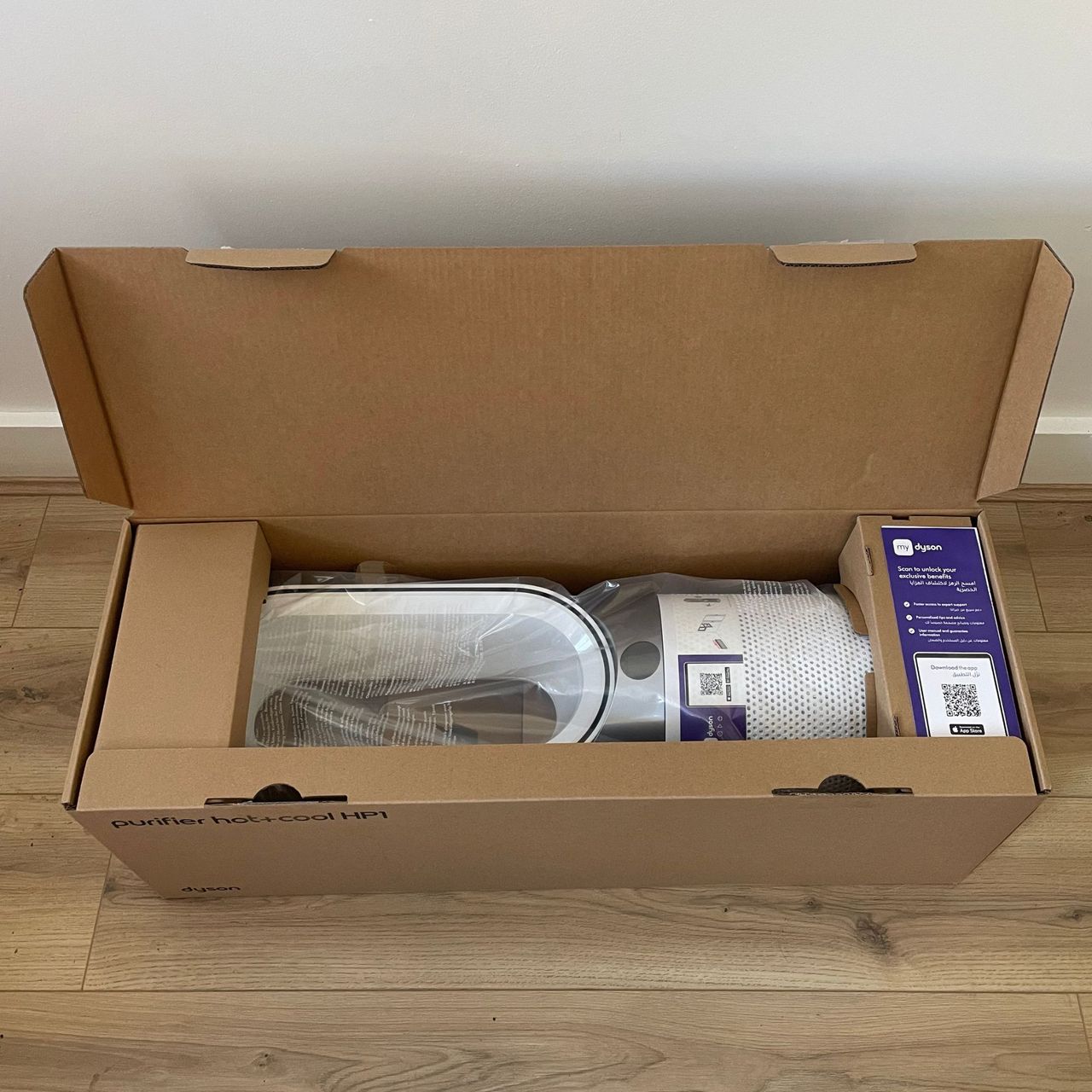 Opened box of the Dyson Purifier Hot+Cool HP1 Purifying Fan Heater