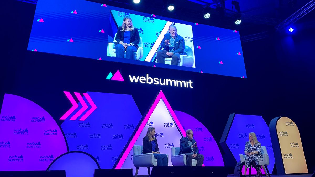 On stage from the left Amandine Le Pape (CTO Element). Andrew Sullivan (Internet Society) and Jane Wakefield (BBC) on the second day of Web Summit, November 15, 2023.