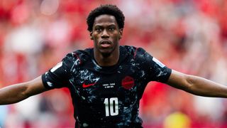 Canada striker Jonathan David celebrates a goal for Canada vs Qatar at the World Cup 2026