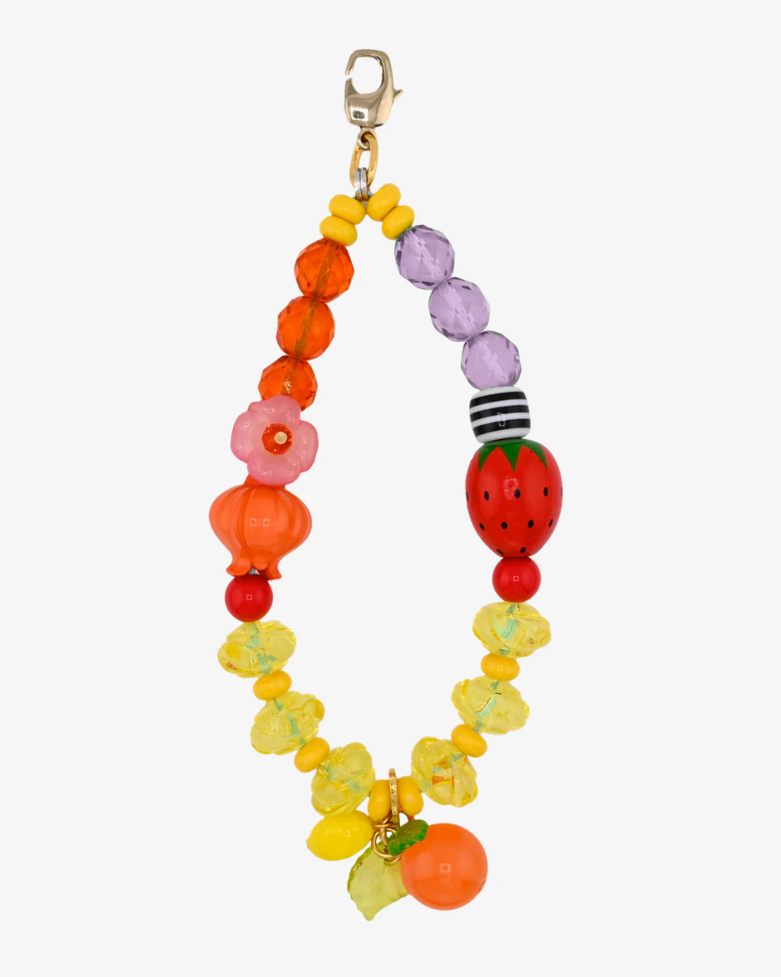 A fruit-themed Tarina Tarantino phone bracelet with strawberry and orange charms