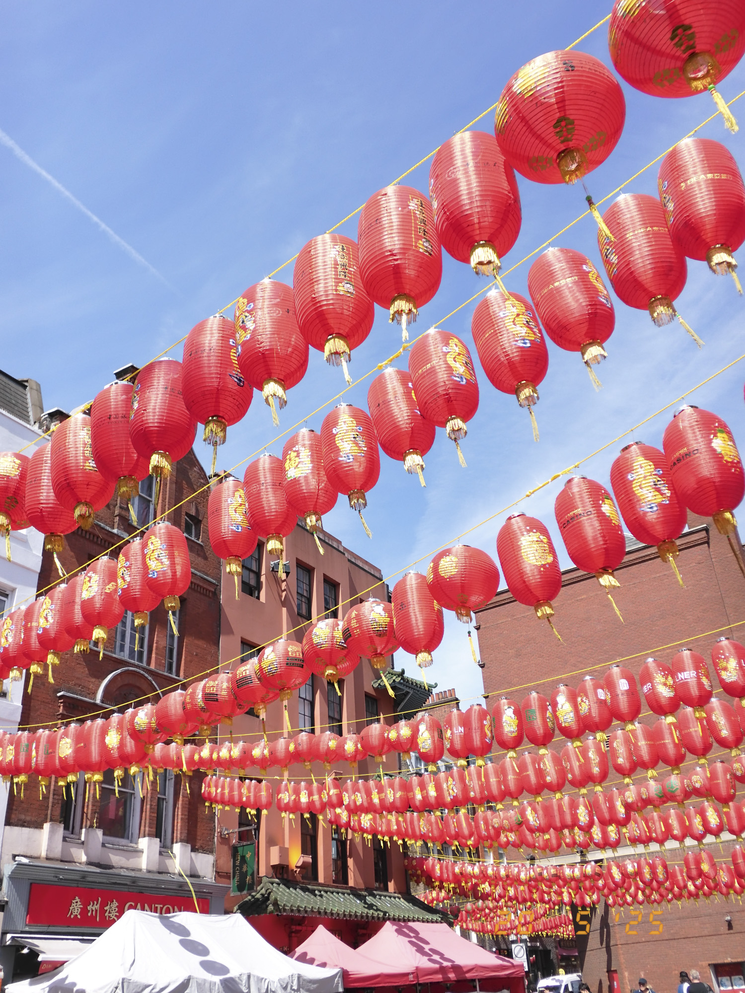 London's china town, Chinese lanterns, sunny day street scene