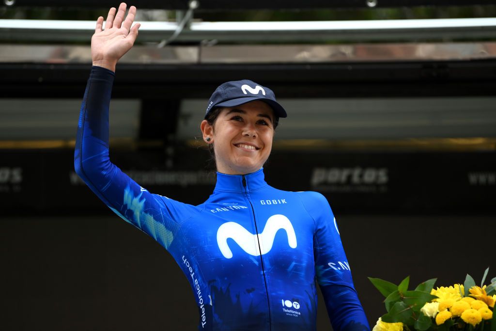 BURGOS SPAIN MAY 16 Sara Martin of Spain and Movistar Team celebrates at podium as winner of the trophy for best Burgalesa during the 9th Vuelta a Burgos Feminas 2024 Stage 1 a 123km stage from Villagonzalo Pedernales to Burgos UCIWWT on May 16 2024 in Burgos Spain Photo by Alex BroadwayGetty Images