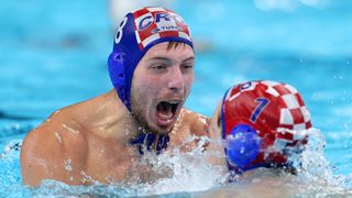  Marko Zuvela and Marko Bijac of Team Croatia celebrate Croatia&#039;s victory ahead of the men&#039;s water polo final at the 2024 Paris Olympic Games.