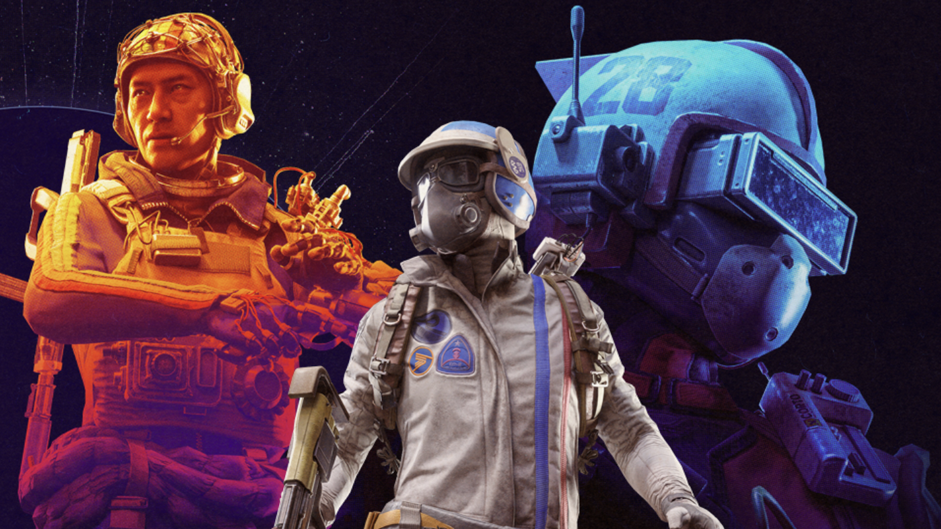 Arc Raiders promotional art showing three Raiders in red, blue and white lighting respectively