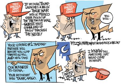 Political Cartoon U.S. Trump trade war Mexico Make America Great Again hat broke