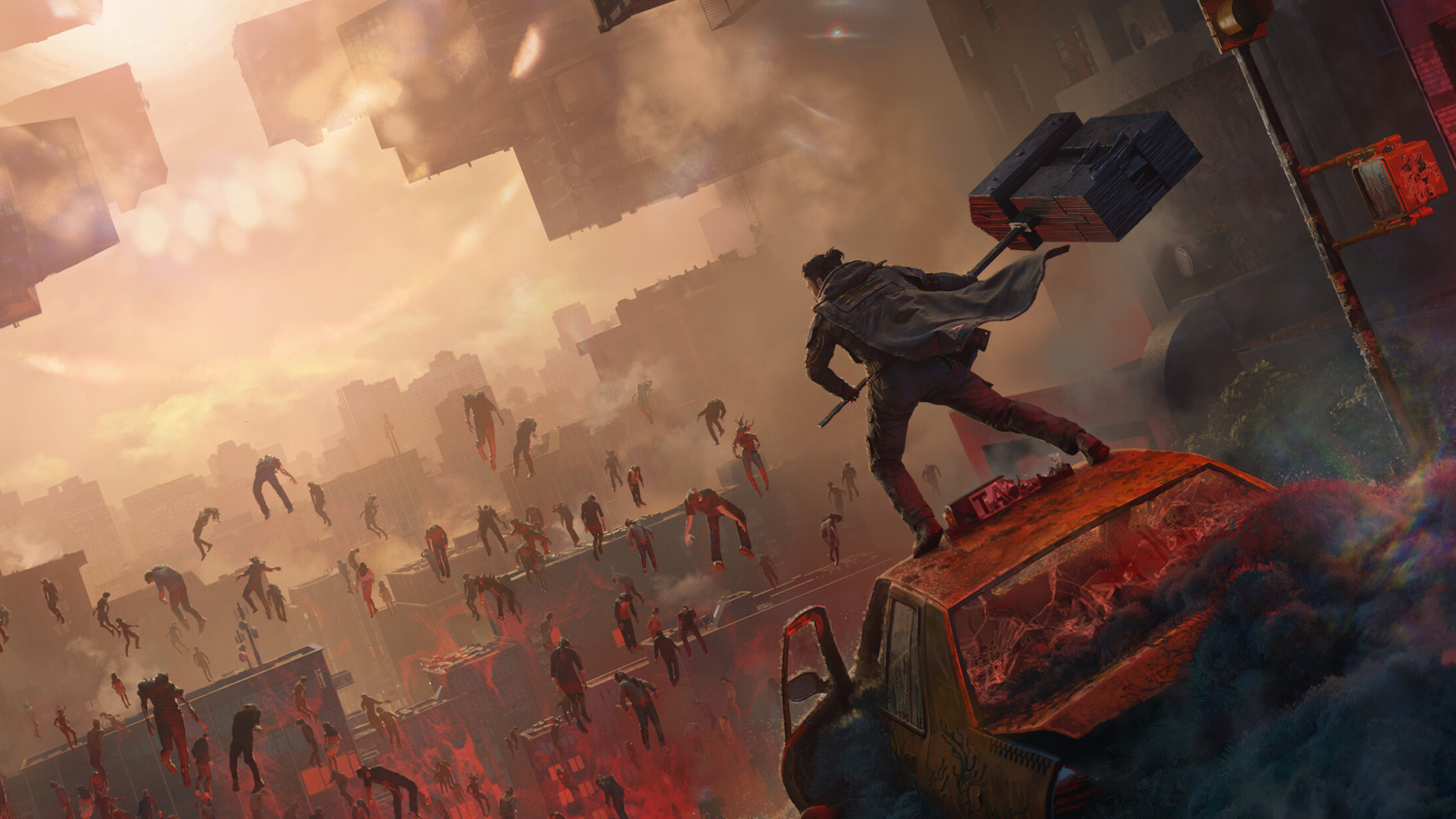 Key art for Control Resonant showing Dylan with The Aberrant in its axe form standing on a ruined taxi as he faces shadowy figures across a twisted Manhattan