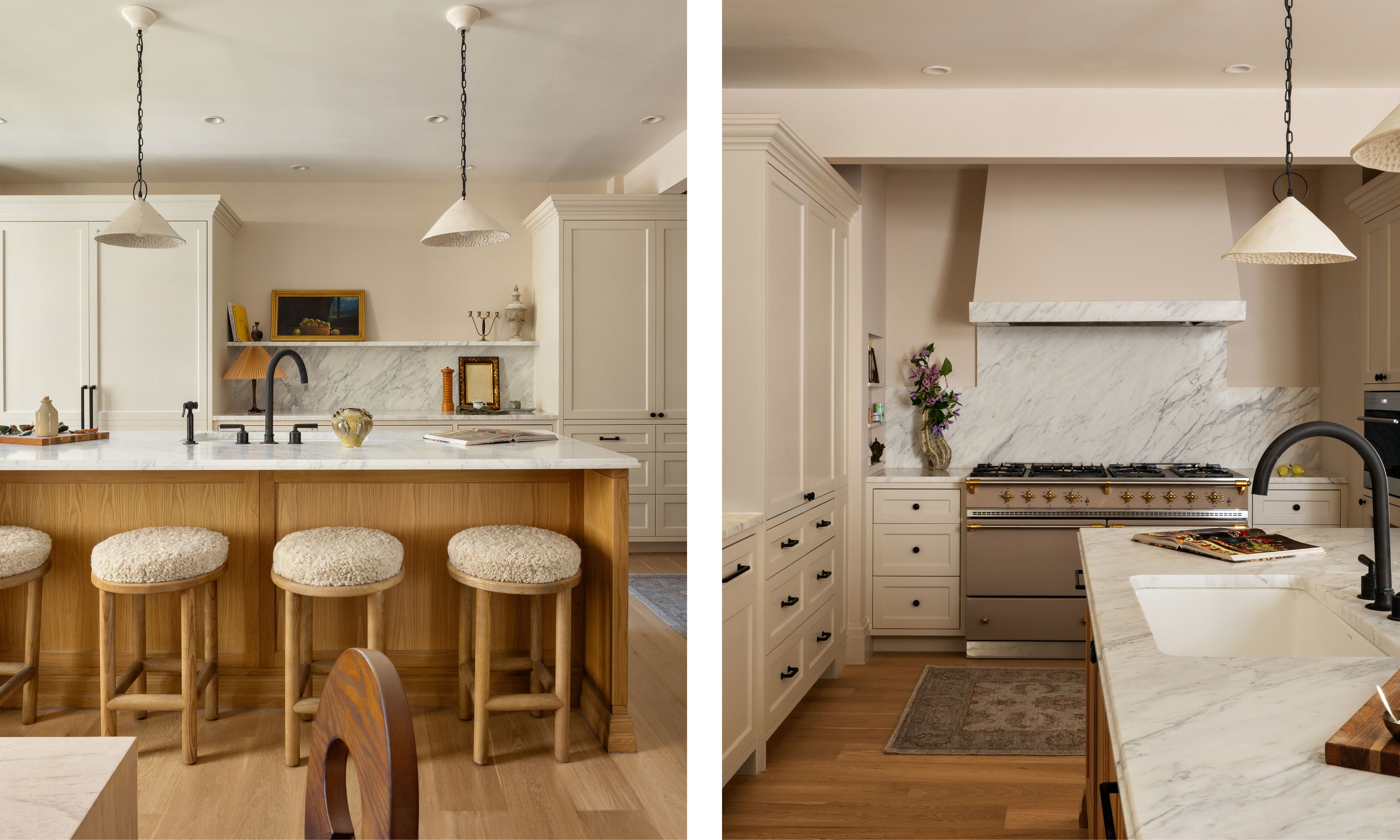 two shots next to each other of the same kitchen from different angles, showing bar stools and a wood island and a shapely hood above a range cooker