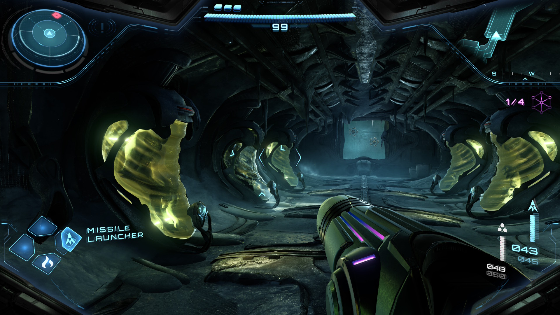 Samus explores a Biolab in Metroid Prime 4: Beyond and looks at a series of crypods